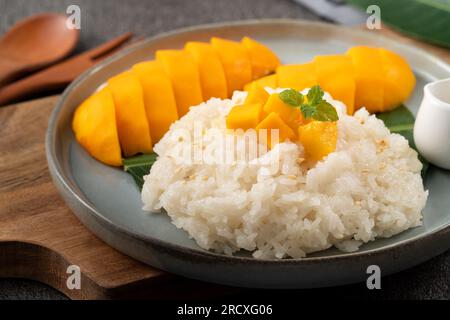 Köstlicher klebriger Reis aus thailändischer Mango mit geschnittenen frischen Mangofrüchten auf einem Teller mit grauem Tischhintergrund. Stockfoto