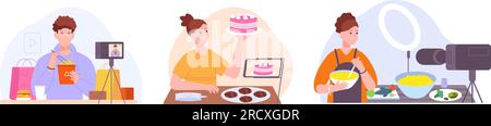 Food-Blogger. Kulinarische Blogger oder Feinschmecker, die einen Online-Kochkurs-Workshop auf Videokamera aufzeichnen, um Blog-Inhalte zu kochen, Backwaren, Nährstoffe zu kochen, großartige Vektordarstellung des Bloggers Stock Vektor