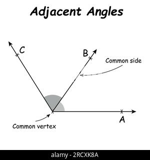 Angrenzende Winkel in der Mathematik. Zwei Winkel mit gemeinsamen Eckpunkten und Seiten. Vektordarstellung Stock Vektor
