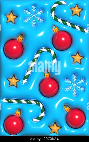 Grüner Weihnachtshintergrund mit Süßigkeiten, Bällen und Schneeflocken. 3D-Rendering-Abbildung Stockfoto