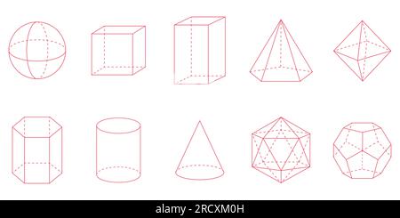Geometrische 3D-Formen. Quadrat, Würfel, Würfel, Pentagonale Pyramide, Oktaheder, Sechseckiges Prisma, Zylinder, Kegel, Icosahedron und Dodekaeder. Stock Vektor