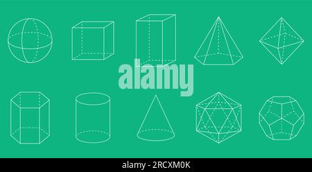 Geometrische 3D-Formen. Quadrat, Würfel, Würfel, Pentagonale Pyramide, Oktaheder, Sechseckiges Prisma, Zylinder, Kegel, Icosahedron und Dodekaeder. Stock Vektor