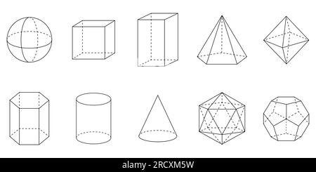 Geometrische 3D-Formen. Quadrat, Würfel, Würfel, Pentagonale Pyramide, Oktaheder, Sechseckiges Prisma, Zylinder, Kegel, Icosahedron und Dodekaeder. Stock Vektor