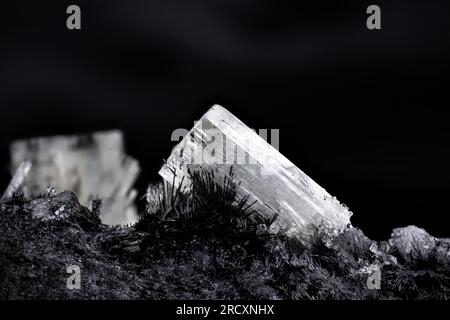 Goshenit (farbloses Beryl) auf Schorl (schwarzes Turmalin)-Matrix. Texturhintergrund für Makrodetails. Nahaufnahme von rohem, unpoliertem Halbedelstein Stockfoto