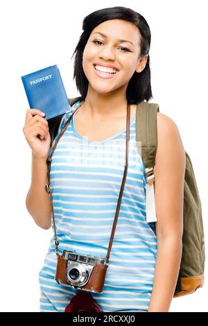 Frau, Reise und Pass mit Porträt und Fotograf im Urlaub mit einem Lächeln. Junge Frau, Ausweis und glücklich isoliert auf transparent, png Stockfoto