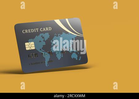 Kreditkarte mit Kopierfeld auf orangefarbenem Hintergrund. 3D Abbildung. Stockfoto
