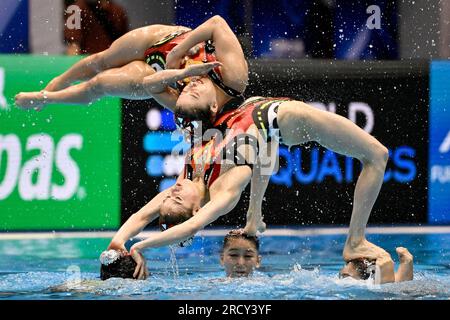 Fukuoka, Japan. 17. Juli 2023. Die Athleten des Teams Japan treten im akrobatischen Routine-Finale während der Wasserweltmeisterschaft 20. in der Marine Messe Hall A in Fukuoka (Japan) am 17. Juli 2023 an. Kredit: Insidefoto di andrea staccioli/Alamy Live News Stockfoto