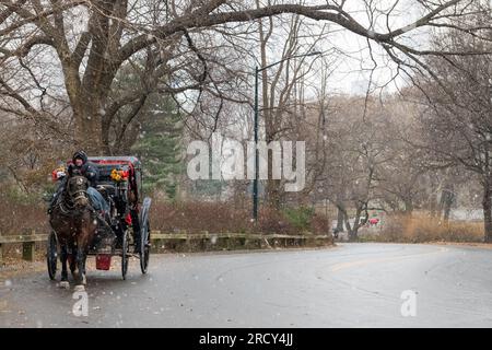 Pferdekutsche, die Touristen durch den Central Park bei einem Schneefall bringt Stockfoto