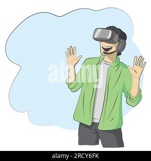 Helflänge des Mannes mit VR-Brille auf blauem Leerraum Illustration Vektor Hand isoliert auf weißem Hintergrund gezeichnet. Stock Vektor