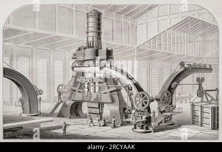 Dampfhammer oder Fallhammer des 19. Jahrhunderts. Der dargestellte Schlag war mit bis zu 100 Tonnen Druck der größte, der je gebaut wurde. Es wurde von Schneider & Co. In Le Creusot, Frankreich, gebaut. Nach einer Illustration in Appletons' Cyclopaedia of Applied Mechanics, veröffentlicht 1880. Stockfoto