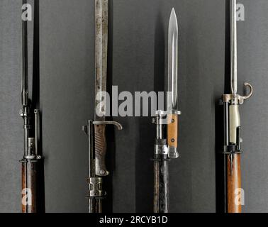 Erster Weltkrieg (1914-1918). Von links nach rechts: M-91/10 Dreizeilengewehr mit Bajonett, Infanterie-Modifikation (Russland); Mauser Gewehr 98 mit Bajonett (Deutschland); Mannlicher M95 Gewehr mit Bajonett (Österreich-Ungarn) und Lebel M-ie 1886 M93 Gewehr mit Bajonett (Frankreich). Detail. Lettisches Kriegsmuseum. Riga. Lettland. Stockfoto