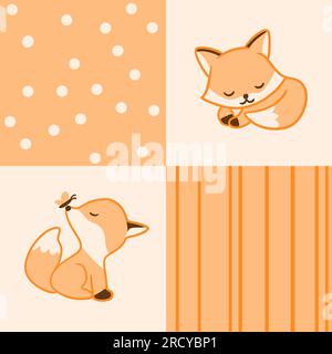 Handgemalte, nahtlose Muster mit niedlichem Orangenfuchs auf karierten Quadraten. Stoff für Kinder Kindergartenbettwäsche. Betrüger-Steppmuster Grafikstreifen Cartoon mit Punktmuster, Waldtiere aus Holz Stockfoto