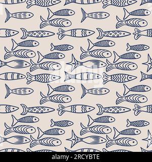 Nahtloses handgezeichnetes Muster mit blauem marineblauem türkisfarbenem Fisch auf beigefarbenem Hintergrund. Simiple minimalistisches Design mit Meeres-Fluss-Ozean-Unterwasserwelt im Cartoon-Stil. Doodle für Textiltapetenverpackungen Stockfoto