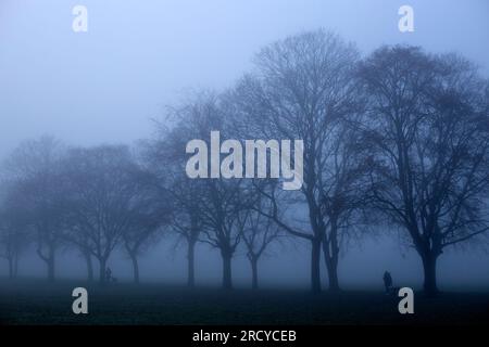 Ein dichter Nebel umhüllt einen Park in Ilford, East London, am Morgen. Stockfoto