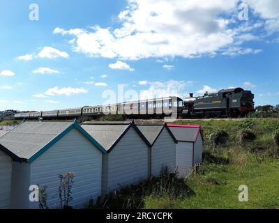 Panzerlokomotive Great Western zieht sieben Waggons vorbei an Goodrington Sands und fährt von Kingwear mit der traditionellen Dartmouth Steam Railway nach Paignton Stockfoto