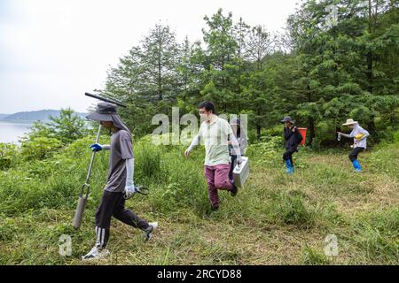 (230717) -- ZHONGXIAN, 17. Juli 2023 (Xinhua) -- Forscher des Institute of Mountain Hazards and Environment unter der Chinesischen Akademie der Wissenschaften (CAS) gehen zu einer Wasserstandsschwankungszone des Three Gorges Reservoir in Zhongxian County, Chongqing im Südwesten Chinas, 6. Juli 2023. Die Region Three Gorges Reservoir, Heimat des weltweit größten Wasserkraftprojekts, erstreckt sich über etwa 10.000 Quadratkilometer entlang des Jangtse, Chinas längster Wasserstraße. Die jahreszeitlichen Lücken im Wasserstand des Reservoirs haben zu einer Wasserstandsschwankungszone geführt, die 349 Quadratkilometer entlang des Jangtse umfasst Stockfoto