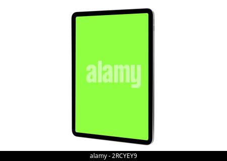 Digital Tablet iPad Mockup mit Chroma Key Green Bildschirm isoliert auf weißem Hintergrund basierend auf einer hochwertigen Studioaufnahme Connect, Data Stockfoto