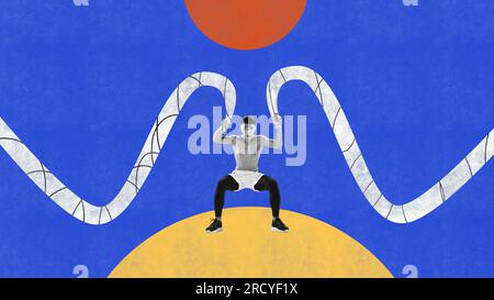 Collage für zeitgenössische Kunst. Muskulös, sportlich, starker Mann, Sportlertraining, Ganzkörpertraining mit spezieller Ausrüstung Stockfoto