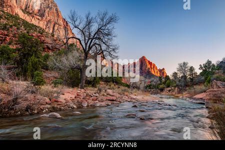 Der Wächter und der Virgin River Valley in Zion Nationalpark, Utah, USA. Stockfoto