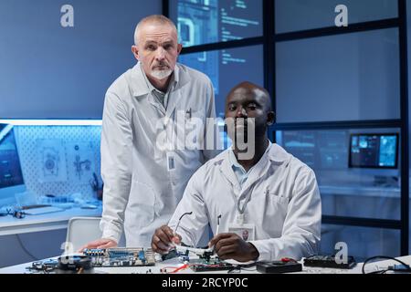 Porträt multiethnischer Kollegen, die in die Kamera schauen, während sie im Labor mit Computerkomponenten arbeiten Stockfoto