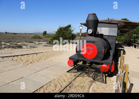 Touristischer Zug zum Strand Praia do Barril auf der Insel Tavira, Portugal Stockfoto