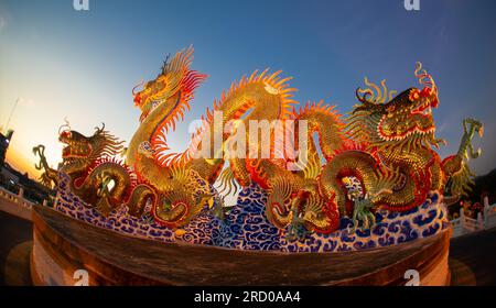 Der wunderschön detailgetreue goldene tanzende Drache, der in Suan Sawan erbaut wurde, oder der Paradise Park in Nakhon Sawan, Thailand Stockfoto