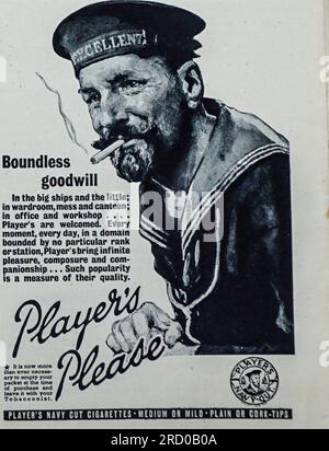 In einer 1941 veröffentlichten Werbung für Players Navy Cut Cigarettes wird ein Navy Sailor gezeigt und es heißt: „In einem Bereich, der durch keinen bestimmten Rang oder Sender begrenzt ist, bringen die Spieler unendliches Vergnügen, Gelassenheit und Gesellschaft mit“. Da es Krieg ist, fordert die Werbung die Käufer auf, das Paket zum Zeitpunkt des Kaufs zu leeren und es beim Tabakwarenhändler zu lassen, vermutlich wegen der Knappheit in Kriegszeiten. Die Marke wurde 2016 eingestellt. Stockfoto