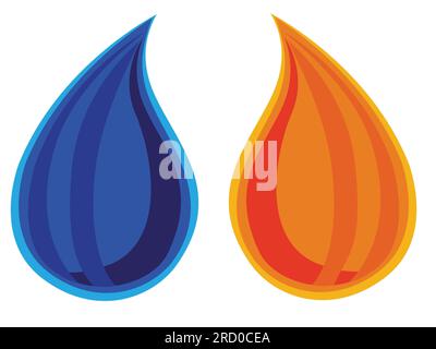 Blaue und orangefarbene Wassertropfen auf weißem Hintergrund, Vektor, Illustration, isolieren Stockfoto