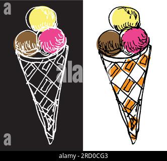 Drei Kugeln Eis in einer Waffelschale, Imbiss, Illustration, Vektor Stockfoto