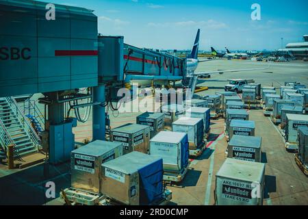 Geschäftiger Tag am Flughafen. Vorbereitung des Flugzeugs vor dem Flug. Frachtcontainer, die auf ein Flugzeug warten. Toronto-Kanada. Juli 15 2023 Stockfoto