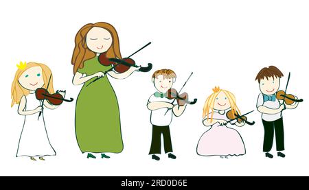 Fröhliche Lehrerin und kleine Kinder Geiger spielen Geige auf weißem Hintergrund, Vektor, Illustration, Musikunterricht, Stockfoto