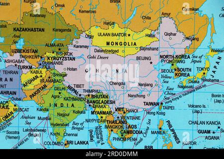 Weltkarte von asien und Ländergrenzen, indien, pakistan, china, Mangolei in Nahaufnahme Stockfoto