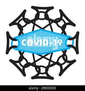 Schwarzes und weißes Symbol mit maskiertem Coronavirus, Covid-19, Virus, Illustration auf weißem Hintergrund Stockfoto