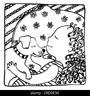 Glückliches kleines Mädchen, das mit ihrem Welpen Jack russell Terrier schläft, handgemacht, Kinder, kindisch, kreativ, Grußkarte, Schwarzweiß-Grafiken, vec Stockfoto