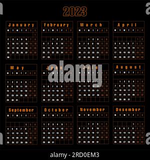 goldener Kalender 2023 auf schwarzem Hintergrund. vektordarstellung Stockfoto