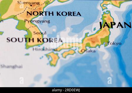 Grenzkarte des asiatischen Kontinents mit den angrenzenden Ländern japan, Süd- und nordkorea Stockfoto