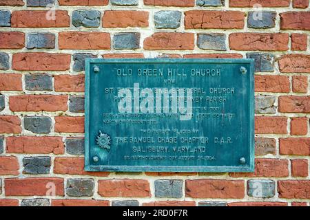 Historische Tafel. Ursprünglich bekannt als Old Green Hill Church, St. Die Bischofskirche von Bartholomew befindet sich in der Nähe von Quantico, Maryland, USA. Stockfoto