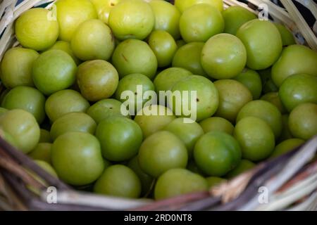 Grüne türkische Pflaume kann erik im Korb aus nächster Nähe sehen Stockfoto