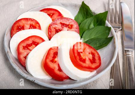 Itaianische vegetarische Speisen, frischer Caprese-Salat mit weißem, weichem italienischen Mozzarella-Käse, roter Tomate und grünem Basilikumöl Stockfoto