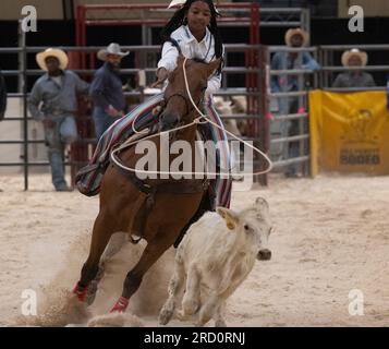 Upper Marlboro, Maryland, USA. 23. September 2022. KORTNEE SOLOMON tritt während der Qualifikation der Bill Pickett Invitational Rodeo Championships in der Show Place Arena in Upper Marlboro, MD, bei der Ladies Break Away-Veranstaltung an. Das Rodeo-Finale ist Samstagabend. (Kreditbild: © Brian Branch Price/ZUMA Press Wire) NUR REDAKTIONELLE VERWENDUNG! Nicht für den kommerziellen GEBRAUCH! Stockfoto