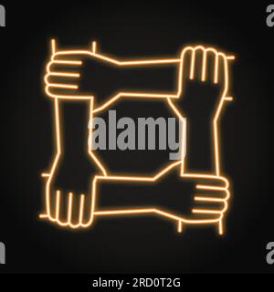 Die Hände sind quadratisch und bilden ein Neonliniensymbol. Teamarbeit, zusammenhalten, Arme greifen Handgelenke. Koalition, Symbol der Kooperation. Vektordarstellung. Stock Vektor