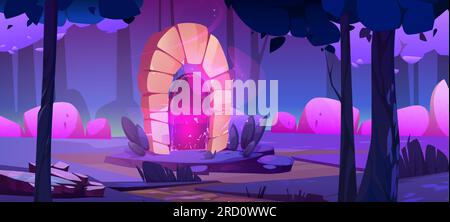 Das magische Portal im Fantasy-Game-Forest-Cartoon-Hintergrund. Verzauberte Tür in dunkler Waldlandschaft. Geheimnisvoller Pfad zum Tor und ein märchenhafter Ort für Abenteuer. Mystische Nachtillustration mit Bäumen und Fels Stock Vektor
