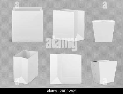 Realistische, weiße Modelle von Papierbeuteln und Lebensmittelbehältern isoliert auf transparentem Hintergrund. Vektordarstellung einer offenen Verpackung mit leerer Oberfläche, bereit für das Branding, Öko-Folie für Mahlzeiten zum Mitnehmen, Geschenk Stock Vektor