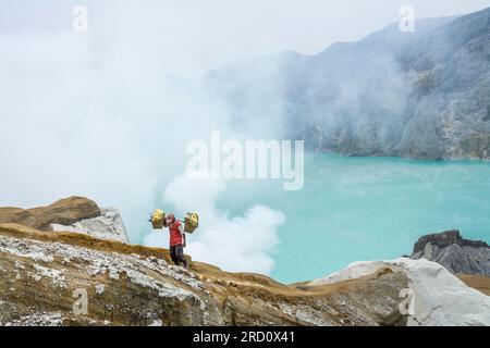 Schwefeltransport aus dem Schwefelbergbau, Mount Ijen, Java, Indonesien Stockfoto