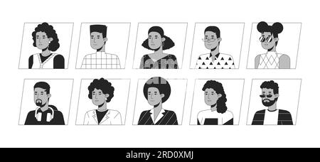 afroamerikaner Schwarzweiß-Cartoon-Avatar-Ikonen-Paket Stock Vektor