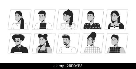 Lateinamerikanische Menschen Schwarzweiß-Cartoon-Avatar-Ikonen-Bündel Stock Vektor