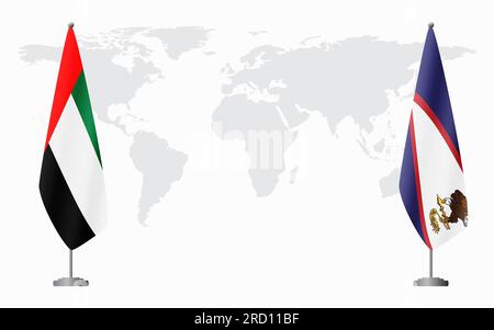 Flaggen der Vereinigten Arabischen Emirate und Amerikanisch-Samoas für offizielles Treffen vor dem Hintergrund der Weltkarte. Stock Vektor