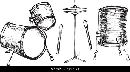Satz Trommelkit, Vektordarstellung für Trommelstöcke isoliert. Handgezeichnete Tinte für Musikinstrumente. Schwarze weiße Silhouette für Schlaginstrumente. Entwurfselement Stock Vektor