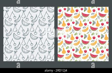 2-Set mit nahtlosen Sommerobstmustern. Handgezeichnetes niedliches Design, schwarze Kontur, farbige Füllung. Wassermelone, Kirsche, Banane, Birne Stock Vektor