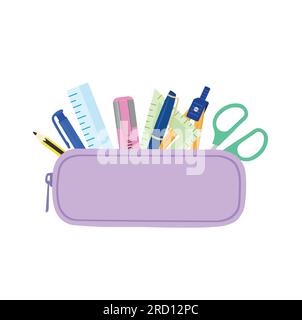 Federmäppchen mit Schul-Zubehör Flachvektor in Pastellfarben. Element für das Back-to-School-Konzept. Illustration des Federmäppchens isoliert auf weißem Hintergrund Stock Vektor